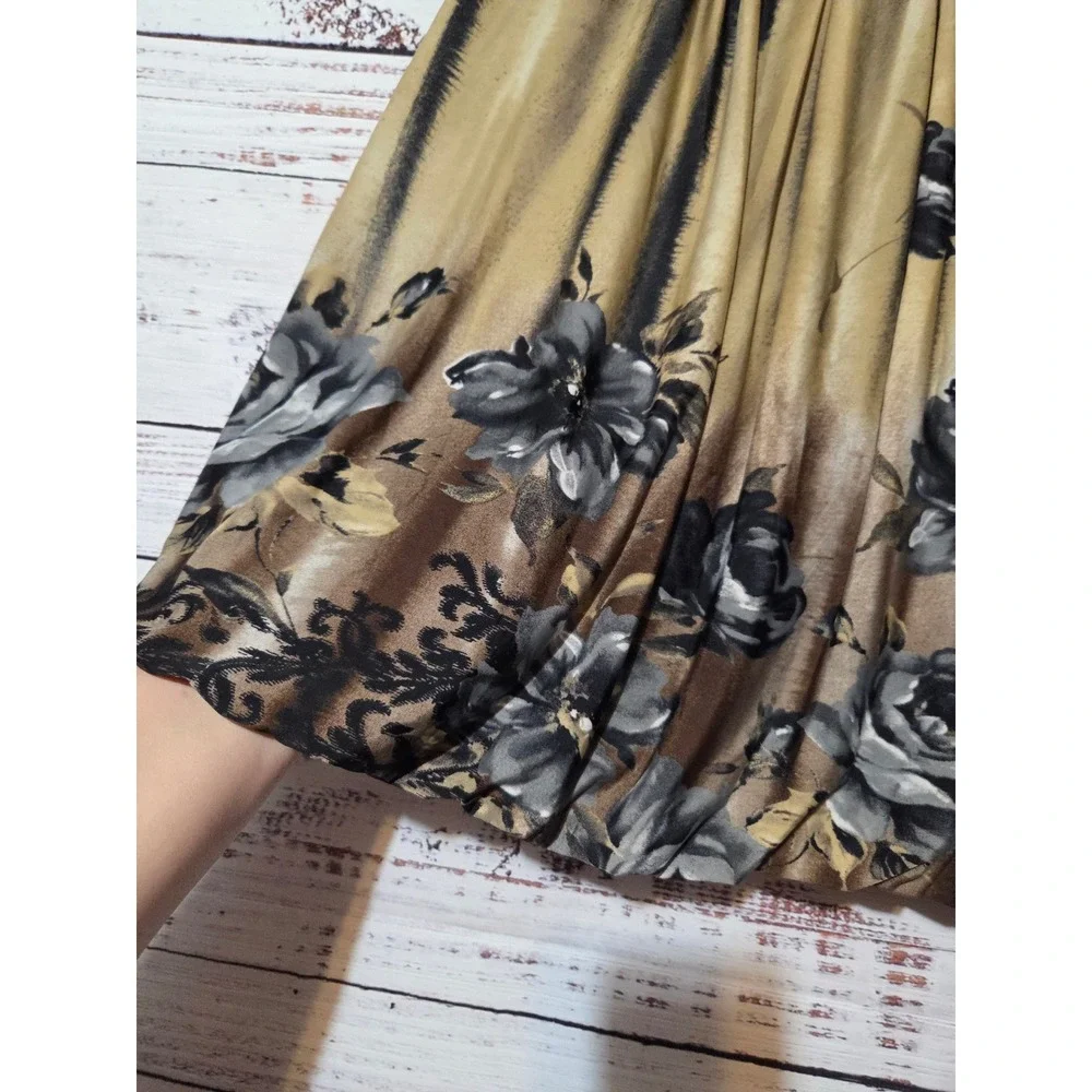 Keren Hart Floral Rhinestone Bubble Hem Sleeveless Tunic Top Brown L Whimsigoth